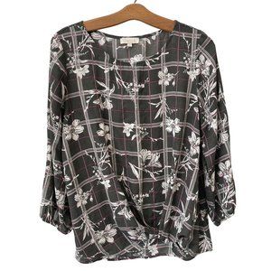 Chenault Floral Twist Front Top Women M Plaid Poly Bohemian Hippie Cottagecore